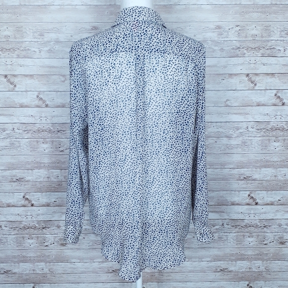 Mango Button Up Blouse Beige Blue L Sheer 234 - Picture 3 of 5